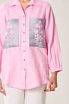 Sue Mue_Pink Linen Embroidery Collared Light Shirt And Pant Set _at_Aza_Fashions