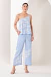 Buy_Sue Mue_Blue Linen Embroidery, Beads, Sequins One Shoulder Powder Dori Co-ord Set _at_Aza_Fashions