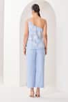 Shop_Sue Mue_Blue Linen Embroidery, Beads, Sequins One Shoulder Powder Dori Co-ord Set _at_Aza_Fashions