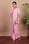 Nidhi Kejriwal_Pink Chanderi, Organza Beads, Sequins V-neck, Round Light Beaded Shrug Pant Set _Online_at_Aza_Fashions