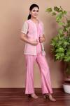 Shop_Nidhi Kejriwal_Pink Chanderi, Organza Beads, Sequins V-neck, Round Light Beaded Shrug Pant Set _Online_at_Aza_Fashions