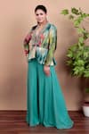 Nidhi Kejriwal_Aqua Crepe, Georgette Beads V-neck Floral Peplum Top With Palazzo Pants _Online_at_Aza_Fashions