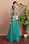 Buy_Nidhi Kejriwal_Aqua Crepe, Georgette Beads V-neck Floral Peplum Top With Palazzo Pants _Online_at_Aza_Fashions