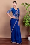 Nidhi Kejriwal_Blue Chiffon, Silk Embroidery, Sequins Round Royal Hand-printed Jacket Saree _at_Aza_Fashions