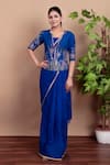Buy_Nidhi Kejriwal_Blue Chiffon, Silk Embroidery, Sequins Round Royal Hand-printed Jacket Saree _at_Aza_Fashions