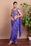 Nidhi Kejriwal_Purple Silk, Crepe Embroidery Square Neck Designer Pre-draped Saree Set _Online_at_Aza_Fashions