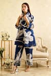 Buy_Rainas_Blue Linen, Chiffon Mandarin Collar Lily Print Tunic Pant Set _at_Aza_Fashions
