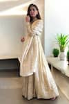 Shop_Label Lila_Ivory Silk Embroidery V-neck Designer Anarkali Set _at_Aza_Fashions