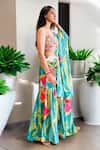 Label Lila_Green Crepe Sweetheart Neck Floral Print Sharara Set _at_Aza_Fashions