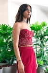Shop_Label Lila_Red Crepe Embroidery Sweetheart Neck Corset And Pant Set _Online_at_Aza_Fashions