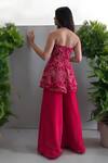 Shop_Label Lila_Red Crepe Embroidery Off-shoulder, Bandeau Neck Peplum And Palazzo Set _at_Aza_Fashions
