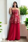 Buy_Label Lila_Red Crepe Embroidery Off-shoulder, Bandeau Neck Peplum And Palazzo Set _at_Aza_Fashions