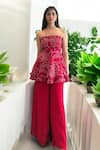 Shop_Label Lila_Red Crepe Embroidery Off-shoulder, Bandeau Neck Peplum And Palazzo Set _Online_at_Aza_Fashions