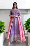 Label Lila_Purple Tissue Embroidery V-neck Anarkali Set With Dupatta _Online_at_Aza_Fashions