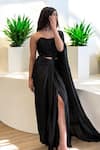 Label Lila_Black Crepe Embroidery, Sequins, Beads Sweetheart Neck Pre-drape Saree Set _Online_at_Aza_Fashions