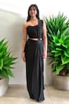 Label Lila_Black Crepe Embroidery, Sequins, Beads Sweetheart Neck Pre-drape Saree Set _at_Aza_Fashions