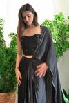 Buy_Label Lila_Black Crepe Embroidery, Sequins, Beads Sweetheart Neck Pre-drape Saree Set 