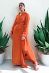 Label Lila_Orange Crepe Collared Shirt And Skirt Set _Online_at_Aza_Fashions
