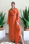 Buy_Label Lila_Orange Crepe Collared Shirt And Skirt Set _at_Aza_Fashions