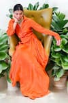 Label Lila_Orange Crepe Collared Shirt And Skirt Set _at_Aza_Fashions