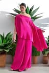 Label Lila_Pink Crepe Hot Cape Top And Pant Set _at_Aza_Fashions