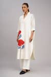 Taika By Poonam Bhagat_Ivory Chanderi, Cotton, Silk Embroidery Split V-neck Twin Poppy Tunic Set _Online_at_Aza_Fashions
