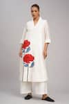 Buy_Taika By Poonam Bhagat_Ivory Chanderi, Cotton, Silk Embroidery Split V-neck Twin Poppy Tunic Set _at_Aza_Fashions