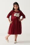 Buy_Three_Cream Poplin, Net Applique Crimson Red Floral Dress _at_Aza_Fashions