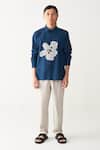 Buy_Three_Blue Handloom Cotton Embroidery Floral Indigo Shirt And Pant Set _at_Aza_Fashions