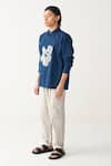 Shop_Three_Blue Handloom Cotton Embroidery Floral Indigo Shirt And Pant Set _Online_at_Aza_Fashions