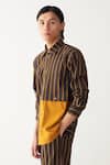 Shop_Three_Charcoal Handloom Cotton Brown Mustard Stripe Shirt _Online_at_Aza_Fashions