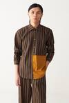 Buy_Three_Charcoal Handloom Cotton Brown Mustard Stripe Shirt _at_Aza_Fashions