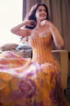 Buy_Mahima Mahajan_Yellow Organza Beads, Sequins Sweetheart Neck Mustard Floral Print Corset Gown _at_Aza_Fashions