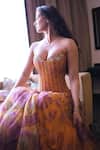 Shop_Mahima Mahajan_Yellow Organza Beads, Sequins Sweetheart Neck Mustard Floral Print Corset Gown _Online_at_Aza_Fashions
