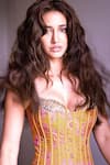 Mahima Mahajan_Yellow Organza Beads, Sequins Sweetheart Neck Mustard Floral Print Corset Gown _at_Aza_Fashions