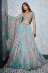 Buy_Mahima Mahajan_Blue Organza, Georgette Sequins, Mirrors, Floral Aquamarine Lehenga Set 