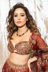 Mahima Mahajan_Red Organza Mirrors, Sequins, Beads, Embroidery V-neck Lehenga Set _Online