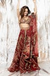 Mahima Mahajan_Red Organza Mirrors, Sequins, Beads, Embroidery V-neck Lehenga Set 
