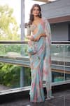 Buy_Mahima Mahajan_Blue Georgette Sequins, Mirrors Bloom Print Embellished Pre-draped Saree 