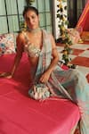 Buy_Mahima Mahajan_Blue Georgette Sequins, Mirrors Bloom Print Embellished Pre-draped Saree _Online