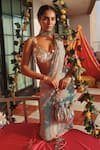 Shop_Mahima Mahajan_Blue Georgette Sequins, Mirrors Bloom Print Embellished Pre-draped Saree _Online