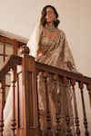 Label Sanya Gulati_Ivory Silk, Organza Sequins, Mirrors, Cut Work Gold Pre-draped Saree With Blouse _Online_at_Aza_Fashions