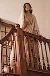 Shop_Label Sanya Gulati_Ivory Silk, Organza Sequins, Mirrors, Cut Work Gold Pre-draped Saree With Blouse _at_Aza_Fashions