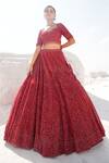 Buy_House Of Sikka_Red Net Beads, Sequins, Embroidery Round Neck Rose Designer Lehenga Set _at_Aza_Fashions