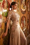 Shop_Sahil Kochhar_Beige Viscose, Crepe, Net Sequins, Embroidery Round Neck Top And Sharara Set _at_Aza_Fashions