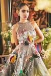 Shop_Sahil Kochhar_Gray Organza Embroidery, Sequins Halter Neck Grey Floral Gown _at_Aza_Fashions