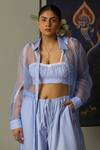 Quod_Blue Silk Organza Embroidery Kelps Aqua Overlay _at_Aza_Fashions