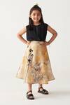Shop_Three_Black Crepe Embroidery Top And Painter Print Mustard Skirt Set _Online_at_Aza_Fashions