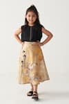 Buy_Three_Black Crepe Embroidery Top And Painter Print Mustard Skirt Set _at_Aza_Fashions