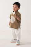 Three_Beige Linen, Poplin Embroidery, Applique Sand Shirt And White Pant Set _Online_at_Aza_Fashions